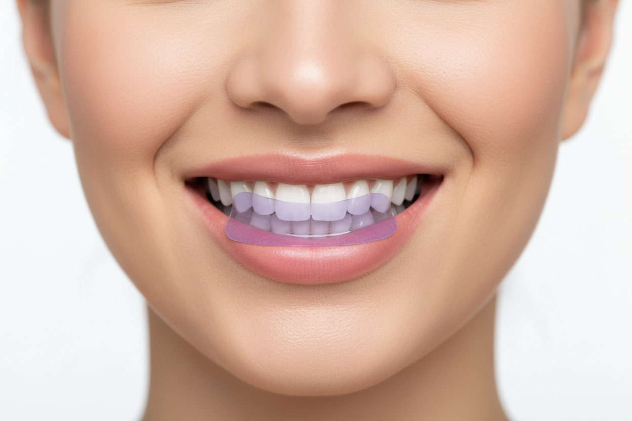women with a purple teeth whitening strip on her teeth